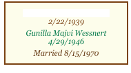 Michel Richard Hamaoui
2/22/1939
Gunilla Majvi Wessnert
4/29/1946
Married 8/15/1970